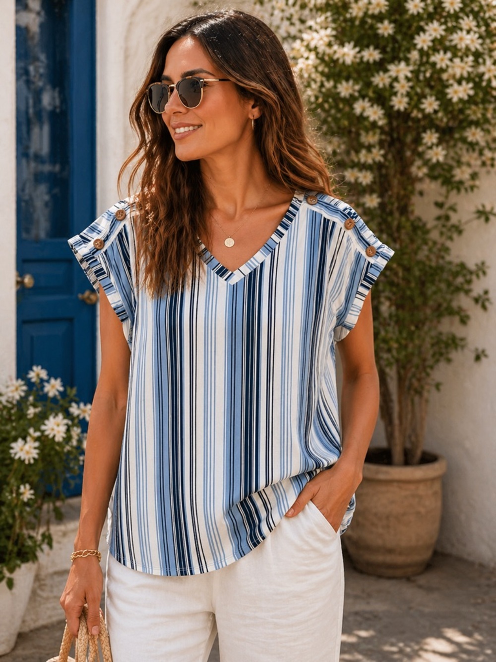 TrueSelf Blue & White Stripe | Euro Summer Flutter Sleeve  | Coastal Chic V-Neck